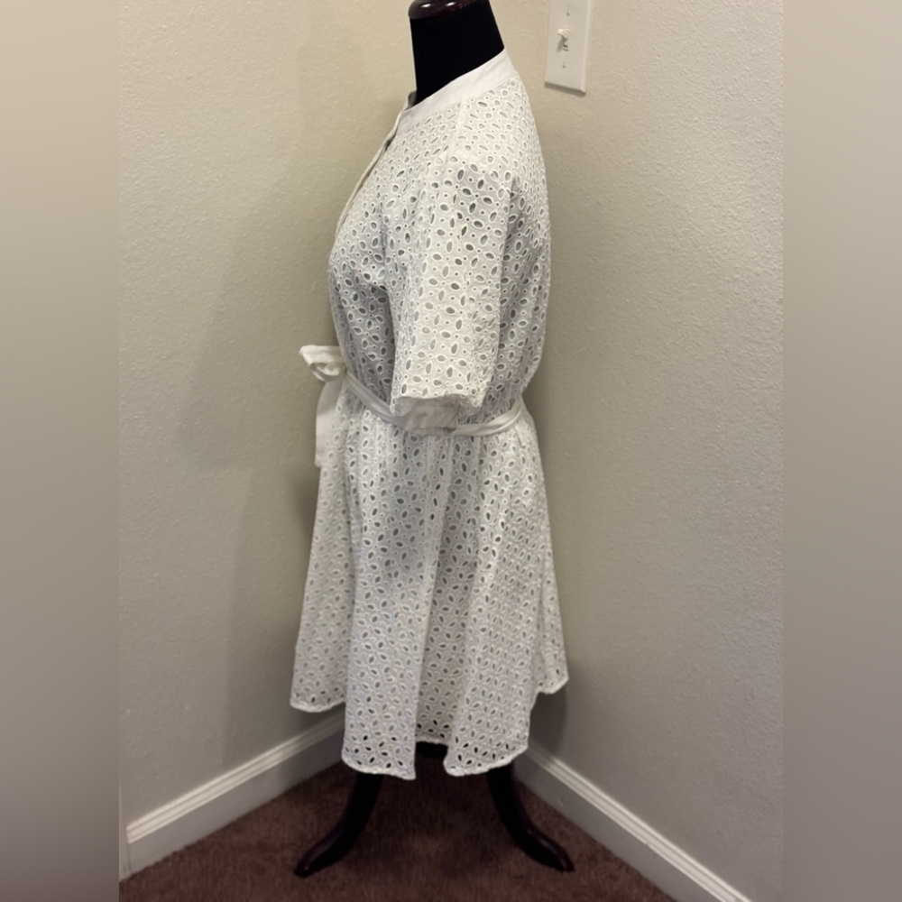 Nine West White Belted Puff Sleeve Eyelet Dress Fit Flare Cottagecore M NEW - Picture 3 of 9